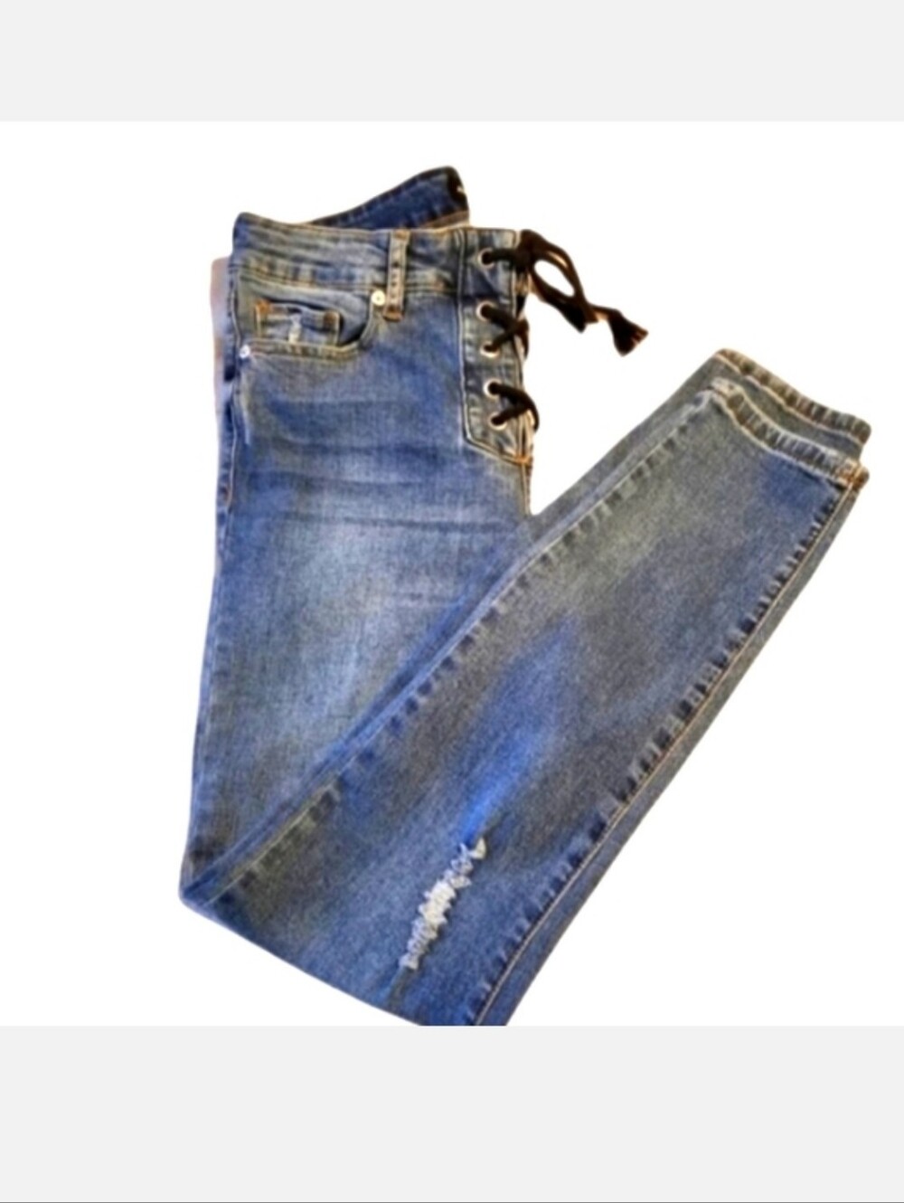 Lace Up High Rise Distressed Skinny Jeans Medium Wash Denim with Stretch 5